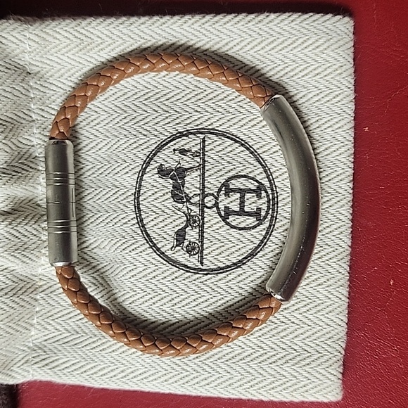 Hermes Tan Leather Bracelet with Silver Clasp